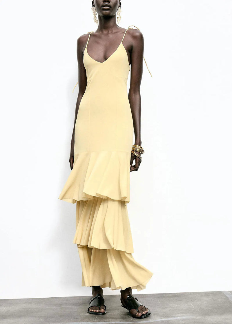 Yellow Ruffled Patchwork Chiffon Spaghetti Strap Dress Summer