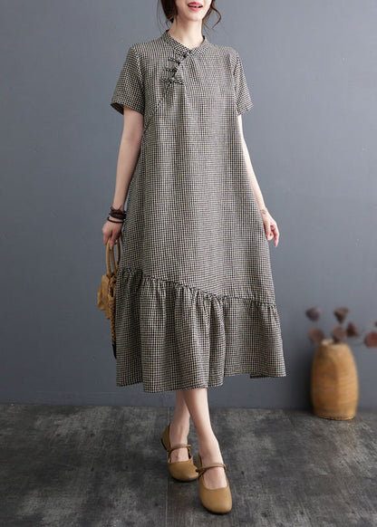 Big Plaid Stand Collar Patchwork Cotton Dress Summer
