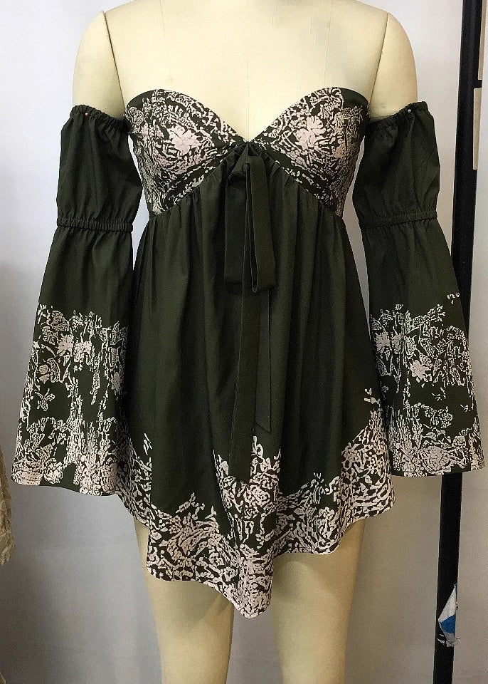 Green Cold Shoulder Print Cotton Holiday Dress Spring