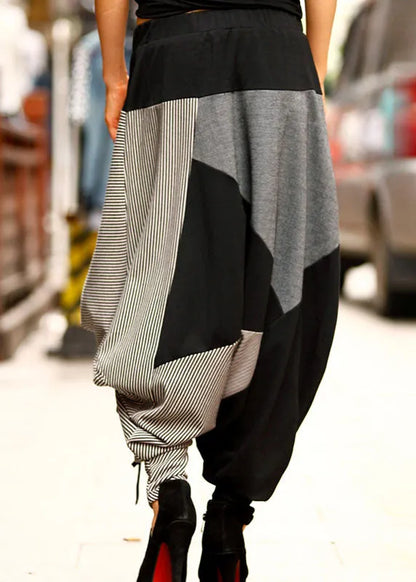 Loose Black Grey Patchwork Striped Drawstring Pants Spring