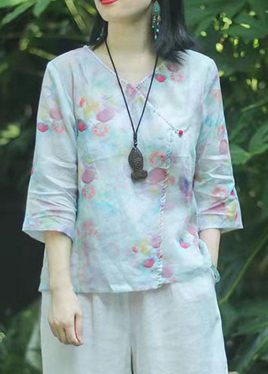 Oriental Light Green Button V Neck Print Tops Spring