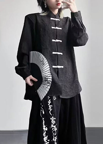 Black Stand Collar Chinese Button Patchwork Cotton Top Fall
