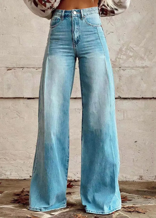 Loose Light Blue Button Pockets High Waist Denim Wide Leg Pants Spring