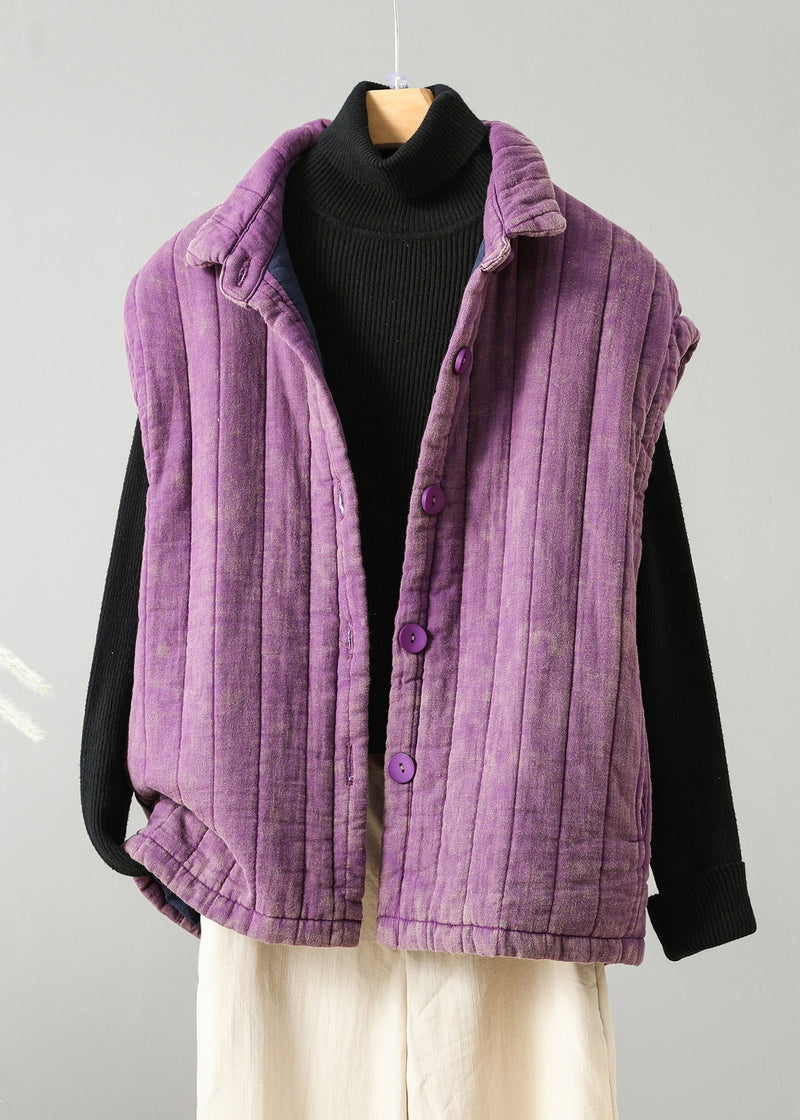 Purple Button Patchwork Fine Cotton Filled Vest Sleeveless