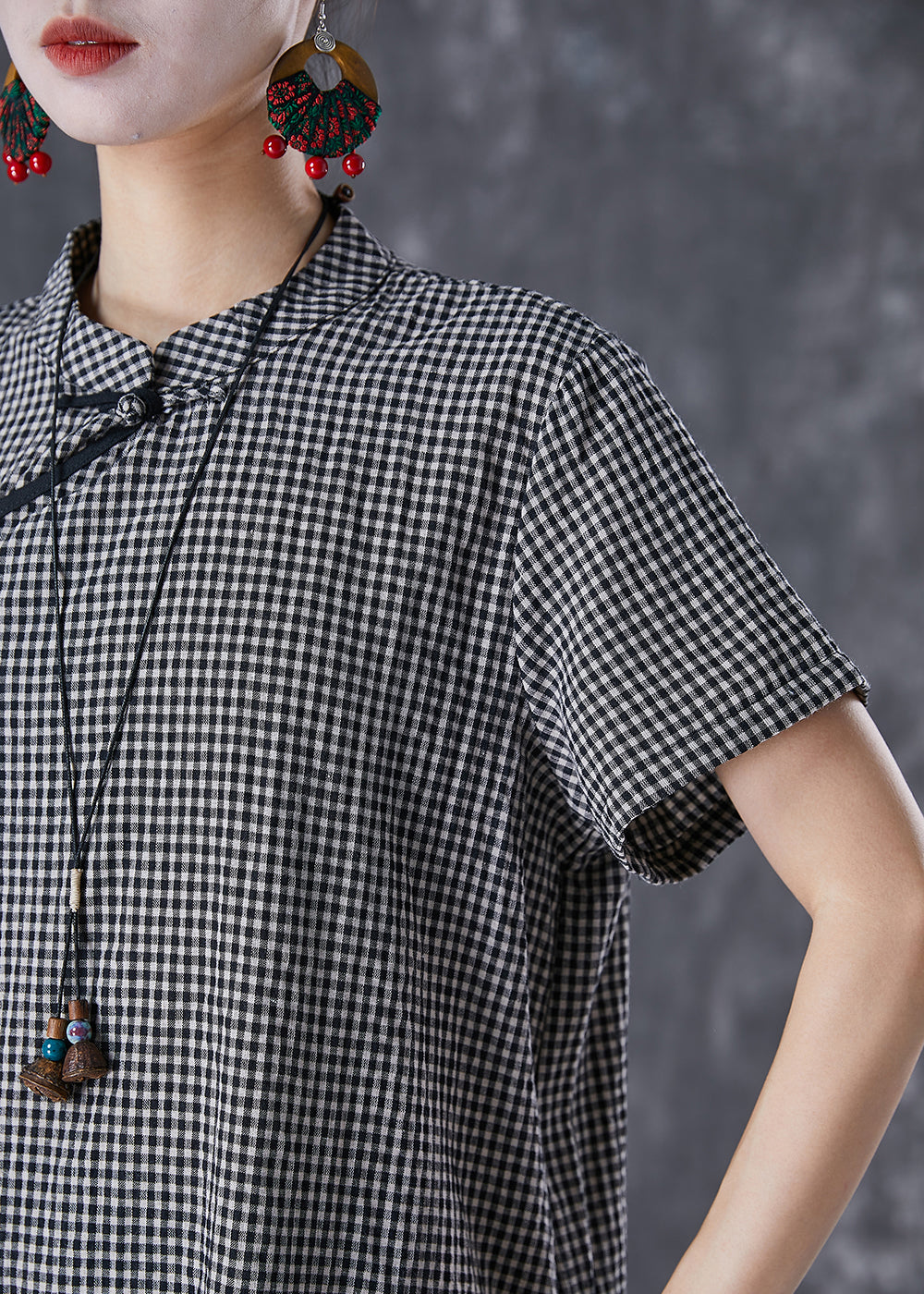 Black Plaid Patchwork Linen Cheongsam Dresses Summer