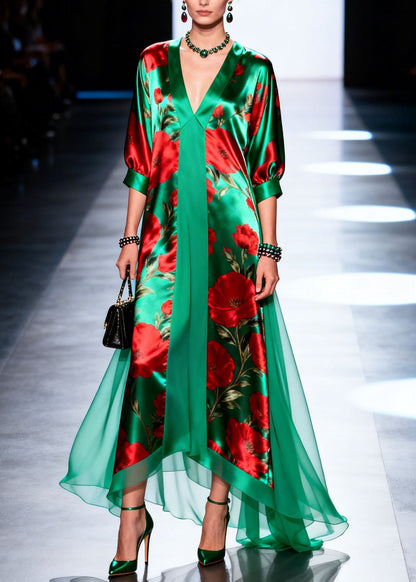 V Neck Print Patchwork Chiffon Maxi Dresses Summer