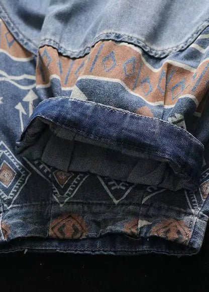 Blue Pockets Elastic Waist Patchwork Denim Crop Pants Summer