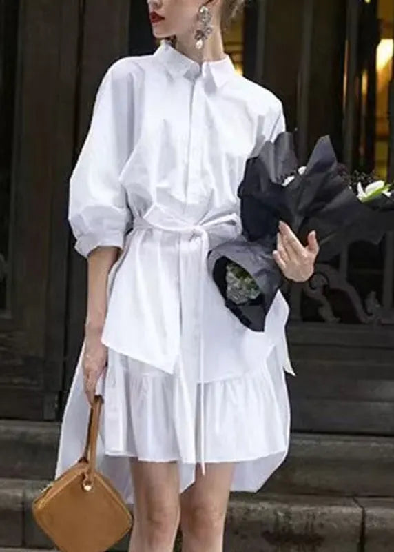 Fitted White Peter Pan Collar Tie Waist Shirt and Skirts Two-piece Set Fall