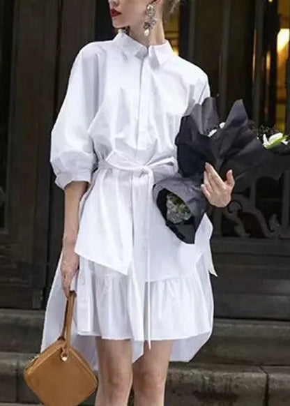 Fitted White Peter Pan Collar Tie Waist Shirt and Skirts Two-piece Set Fall