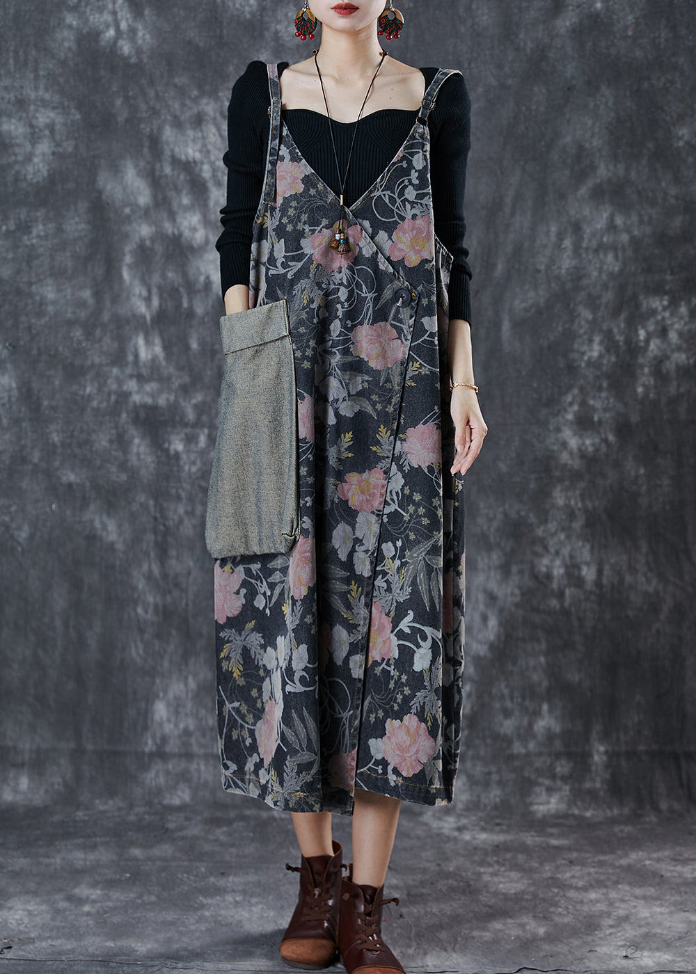 Black Print Patchwork Pocket Denim Cami Dress Spring