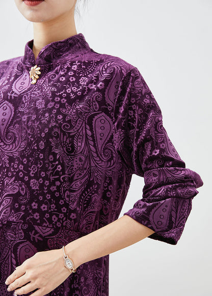Purple Mandarin Collar Print Silk Velour Dresses Fall
