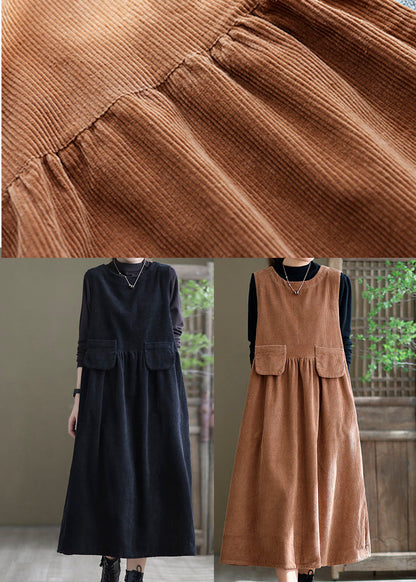 Loose Light Orange O-neck Patchwork Corduroy Party Dress Sleeveless Spring