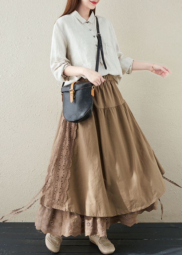 Khaki Elastic Waist Lace Patchwork Linen a Line Skirts Summer