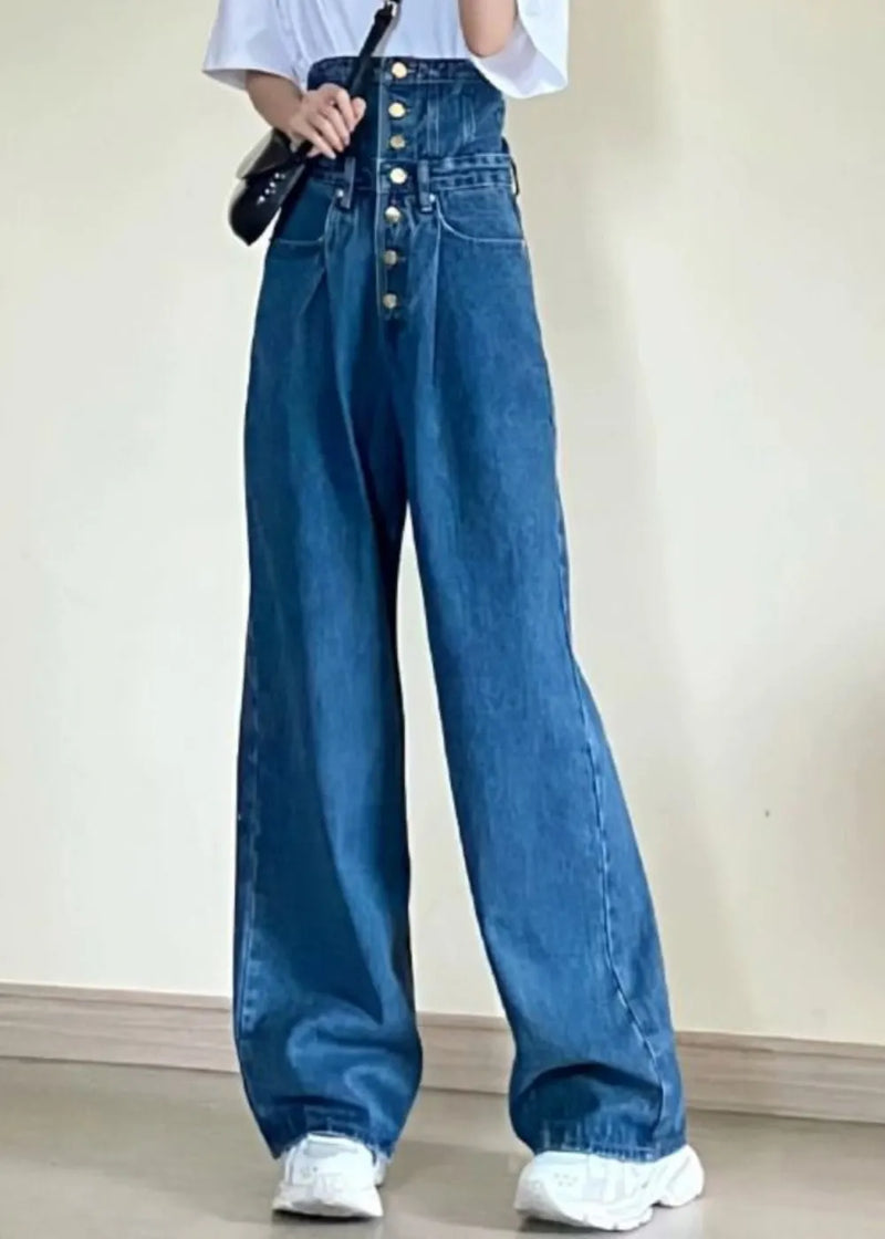 Blue High Waist Pockets Patchwork Straight Jeans Fall