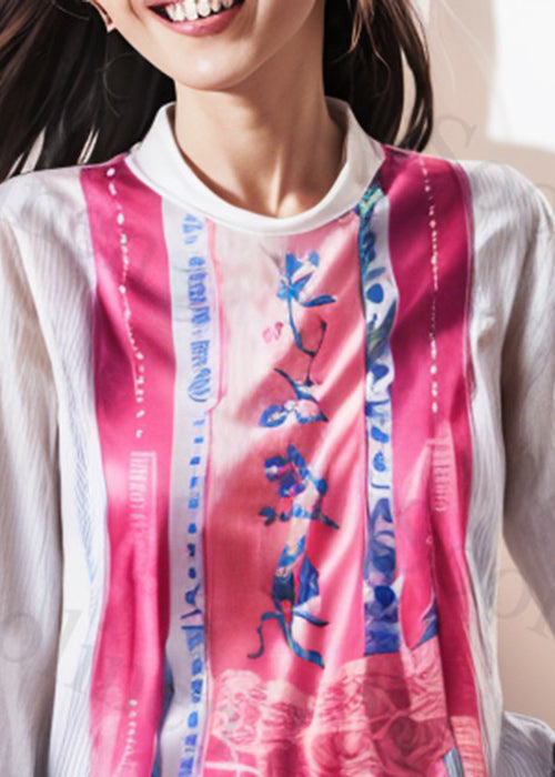 French White Print Patchwork Cotton Shirts Long Sleeve