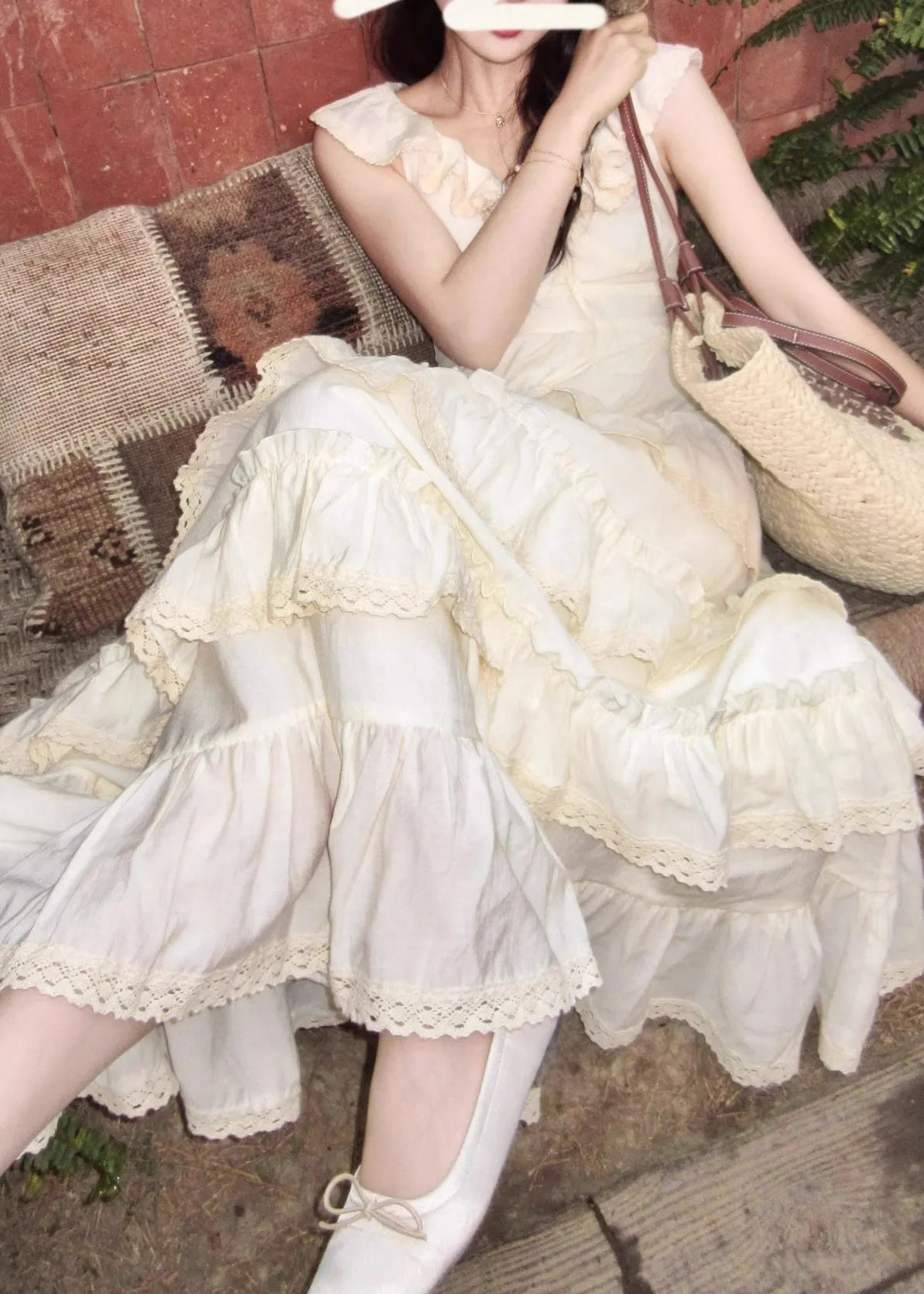 French Apricot V Neck Wrinkled Patchwork Chiffon Long Dress Summer