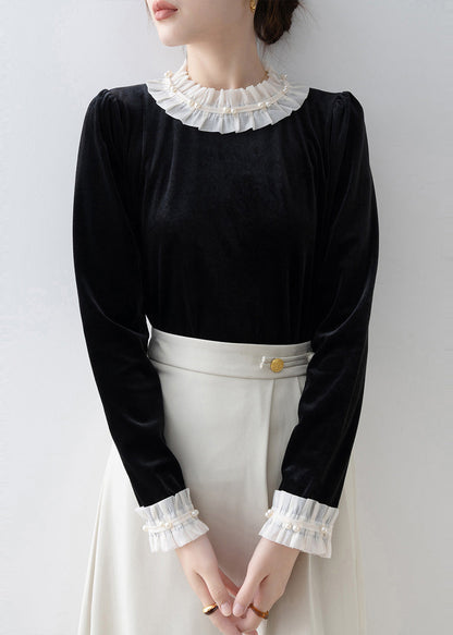 Black Ruffled Patchwork Silk Velour Shirt Top Spring