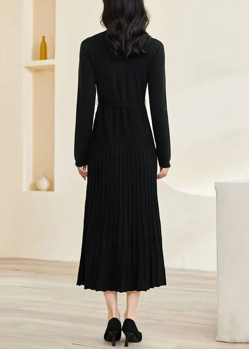 Slim Fit Black V Neck Wrinkled Tie Waist Knit Long Dress Fall