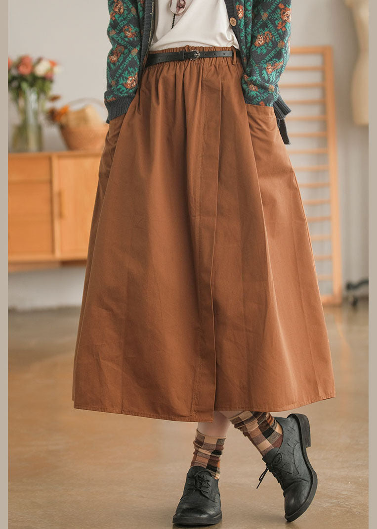 Chocolate Elastic Waist Sashes Asymmetrical Skirts Spring