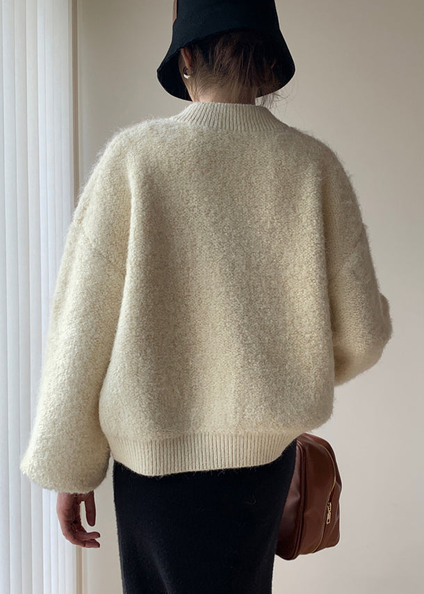 Loose Beige Button Thick Wool Knit Coats Winter