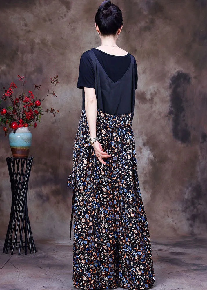 Black Patchwork Print Pockets Silk Overalls Jumpsuit Two Pieces Set Summer