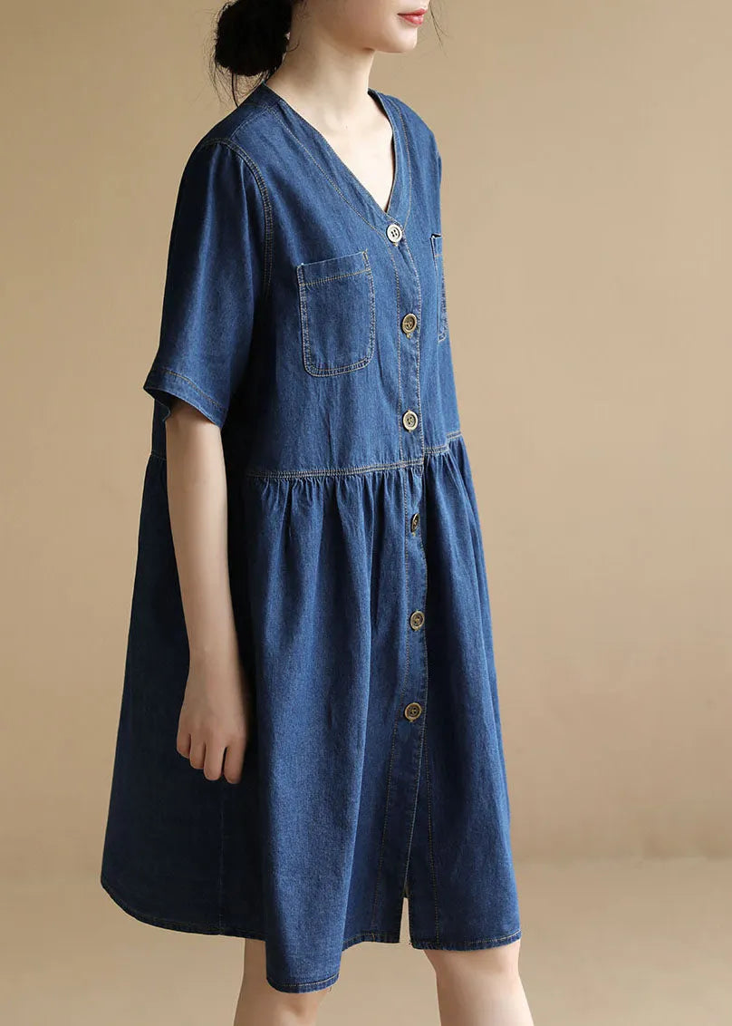 Denim Blue V Neck Pockets Cotton a Line Dress Short Sleeve