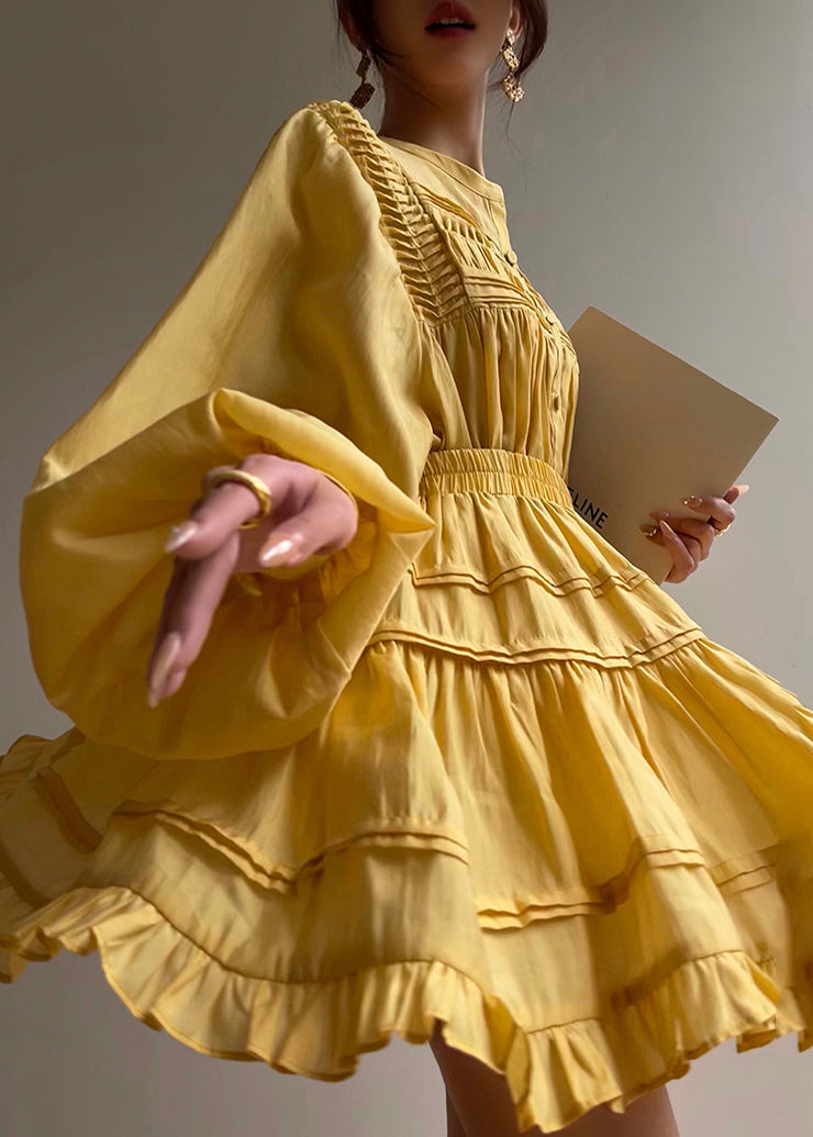 Yellow Wrinkled Cotton Two Pieces Set Lantern Sleeve