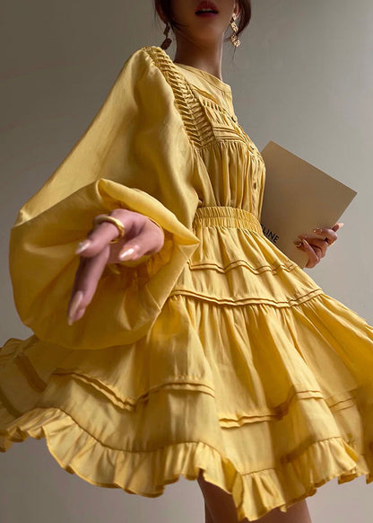 Yellow Wrinkled Cotton Two Pieces Set Lantern Sleeve