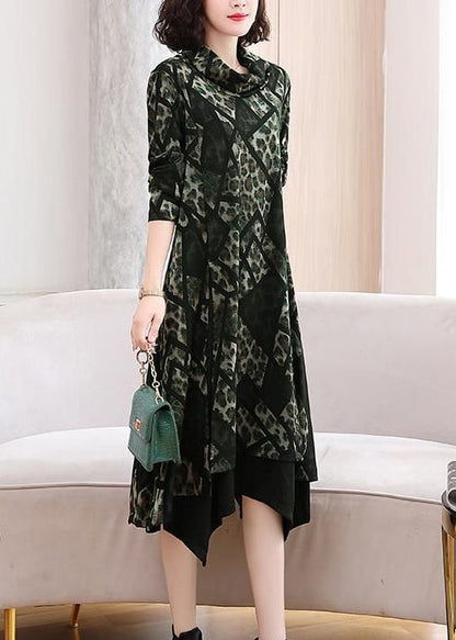 Green Side Open Cotton Dress Turtleneck Long Sleeve