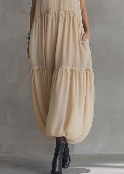 Simple Apricot Peter Pan Collar Wrinkled Chiffon Maxi Dresses Summer