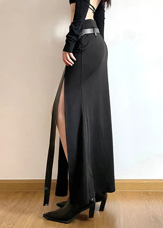 Diy Black Asymmetrical Patchwork Faux Leather Fake Two Piece Skirts Spring