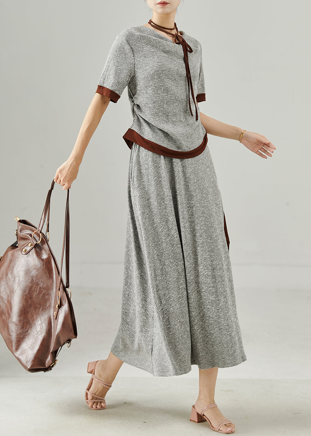 Natural Grey Patchwork Side Open Cotton Two Piece Set Clothing Summer