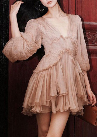 Pink Ruffled Lace Up Patchwork Chiffon Mid Dress Half Sleeve
