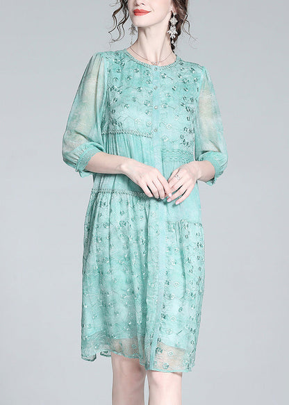 Light Green O-neck Embroideried Button Long Dresses Summer