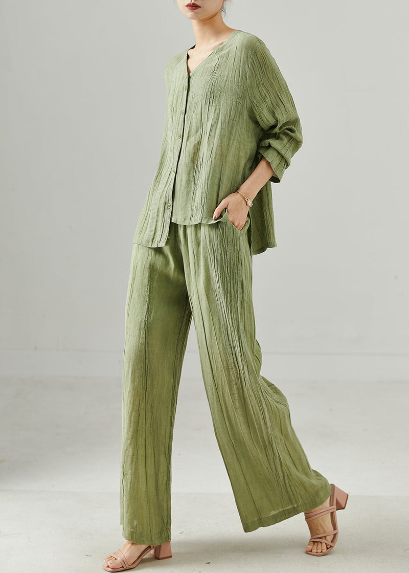 Green Tie Dye Linen Two Pieces Set V Neck Wrinkled Summer
