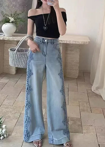 Blue Hollow Out Patchwork Lace Denim Straight Pants Fall