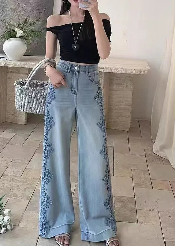 Blue Hollow Out Patchwork Lace Denim Straight Pants Fall