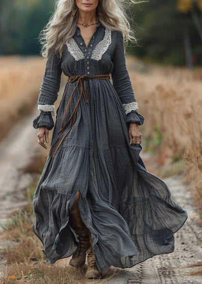 Pastoral Style Lace Patchwork Cotton Long Dresses Spring