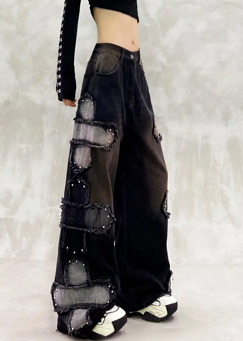 Boutique Black Oversized Patchwork Rivet Denim Straigh Pants Spring