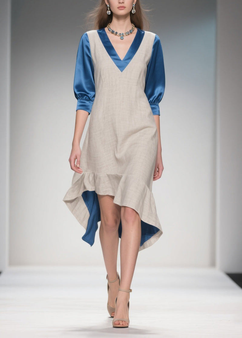 Colorblock Ruffled Patchwork Linen Silk Dress Summer
