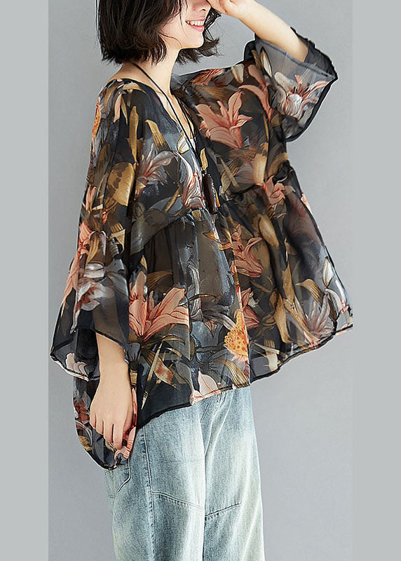 Simple Black V Neck Print Patchwork Asymmetrical Design Fall Shirt Half Sleeve