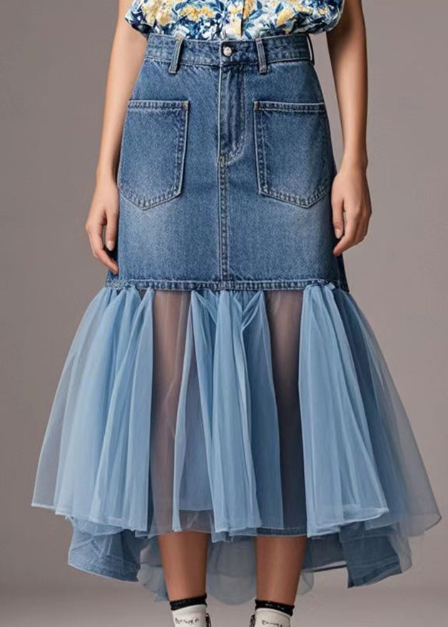 Blue Tulle Patchwork Denim Wraped Skirt Spring