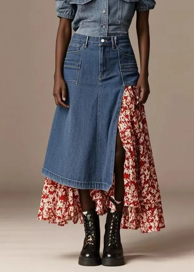 Blue Asymmetrical Patchwork Print Denim Skirt Spring