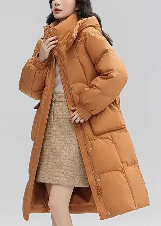Orange Hooded Pockets Patchwork Duck Down Long Coat Winter