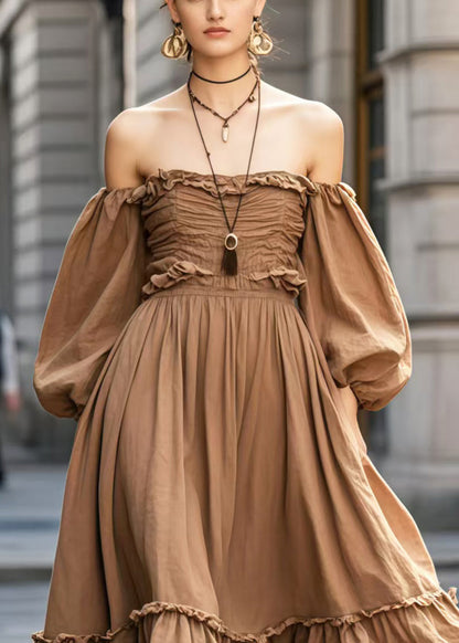 Italian Brown Cold Shoulder Wrinkled Cotton Party Dress Lantern Sleeve
