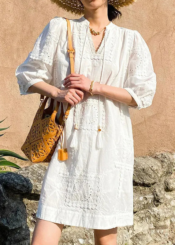 White V Neck Hollow Out Pockets Cotton Dress Half Sleeve