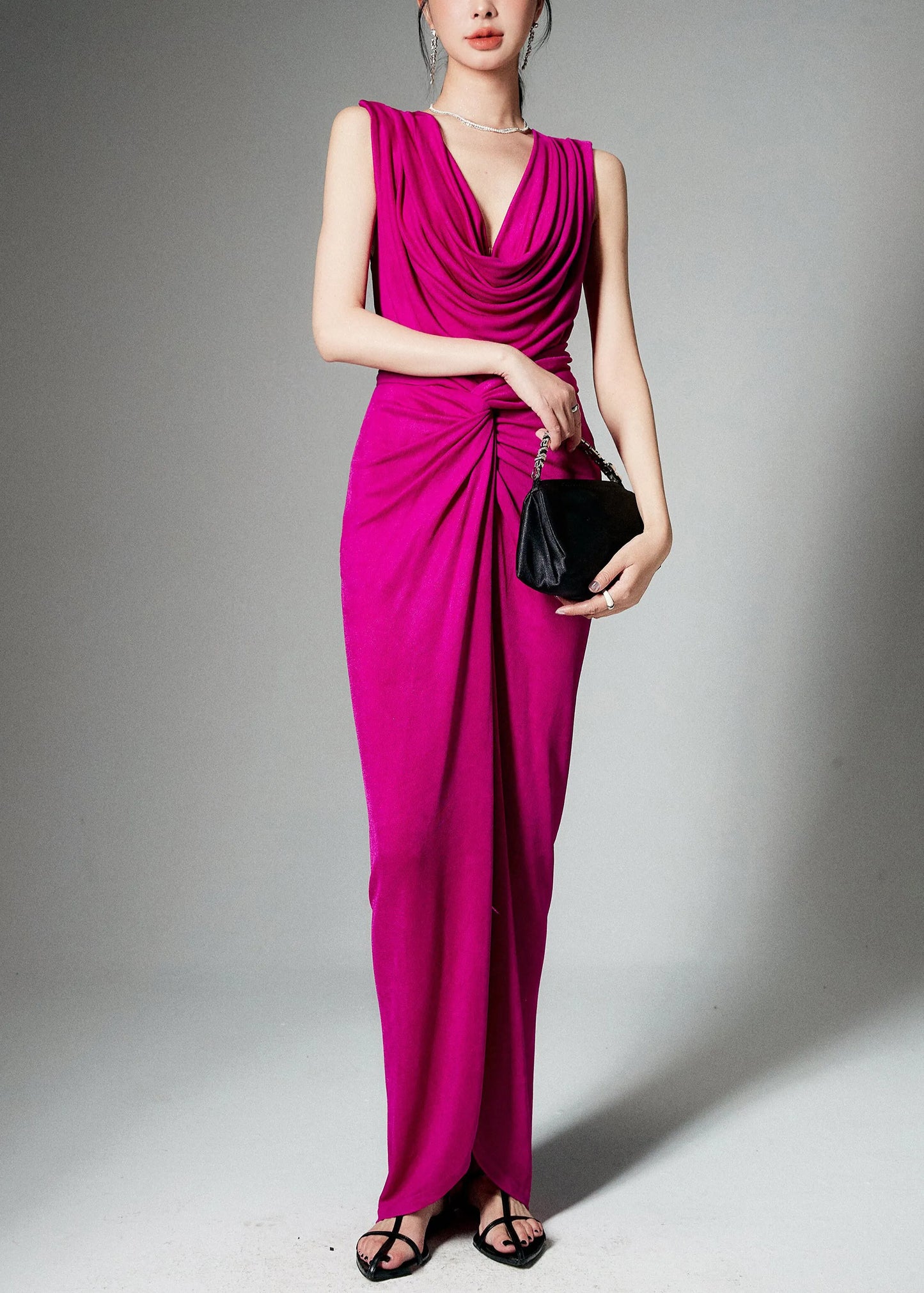 Stylish Rose Wrinkled Front Open Tops and Skirts Silk Two Pieces Set Sleeveless