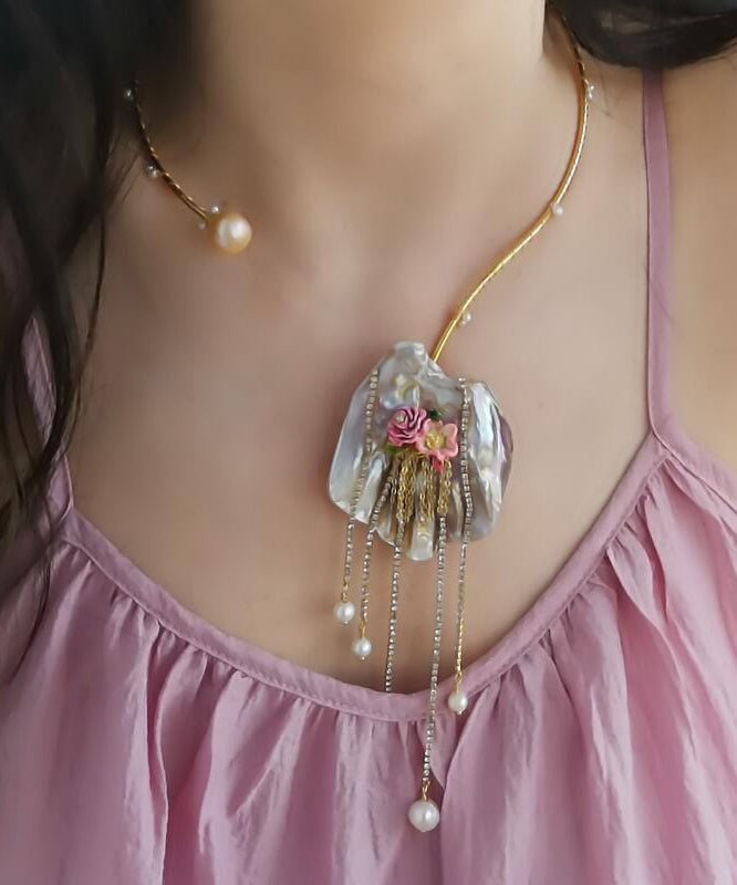 Vogue Sterling Silver Overgild Asymmetrical Pearl Zircon Tassel Pendant Necklace