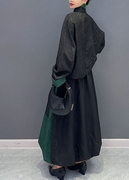Black Patchwork Green Button Shirts and a Line Skirts Two Piece Set Fall