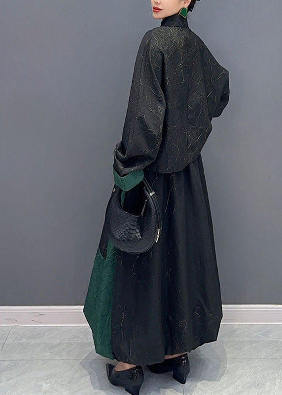 Black Patchwork Green Button Shirts and a Line Skirts Two Piece Set Fall